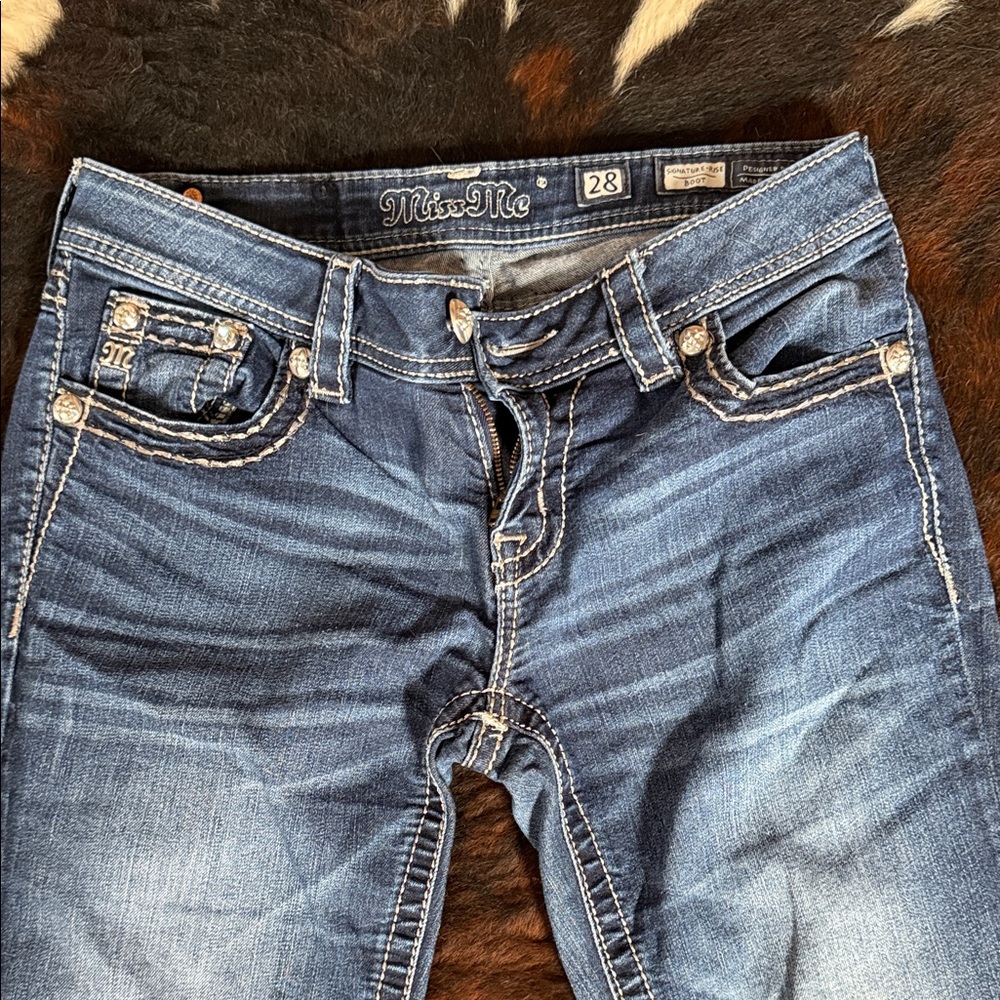 Miss Me Dark Blue Boot Cut Jeans with Contrast Stitching